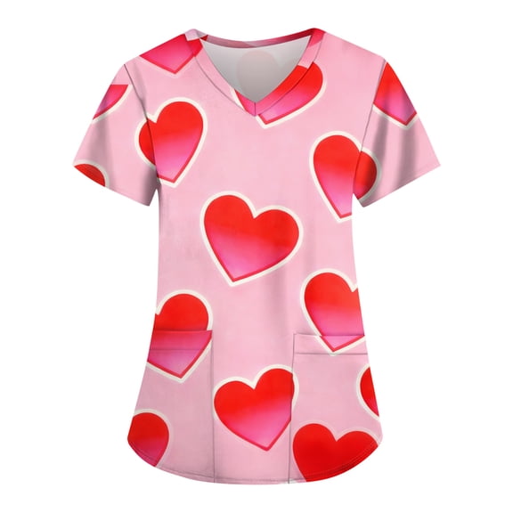 Valentine Day Scrubs for Women Love Heart Print Short Sleeve Medical Scrubs V Neck Cute Plus Size Nurse Uniform with Pockets Hot Pink M