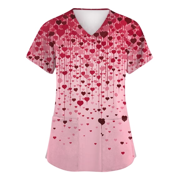 Valentine Day Scrubs for Women V Neck Nursing Short Sleeve Medical Uniforms Love Heart Print Plus Size Quick Dry Scrub Tops with Pockets Hot Pink S