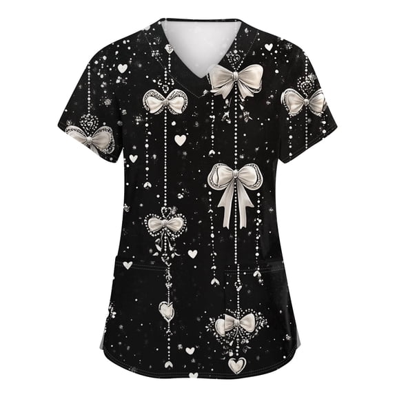 Valentine Day Scrubs for Women V Neck Short Sleeve Cute Workwear Love Heart Print Nursing Plus Size Nursing Top with Pockets Black XL