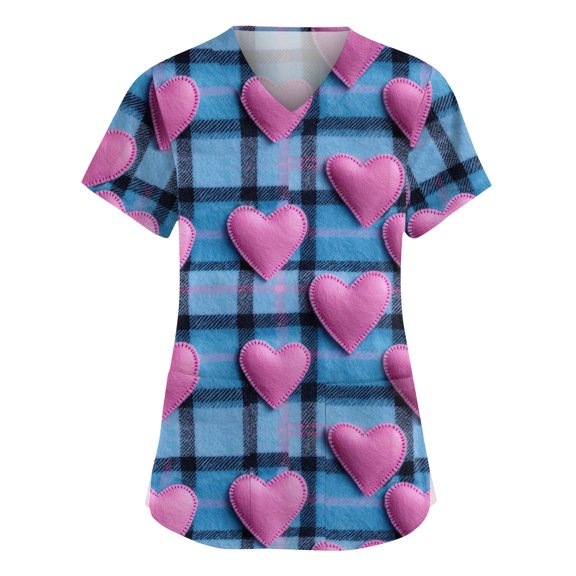 Valentine Day Scrubs for Women V Neck Short Sleeve Medical Nursing Top Love Heart Print Nursing Quick Dry Nurse Uniform with Pockets Blue L