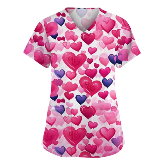 Valentine Day Scrubs for Women V Neck Short Sleeve Medical Nursing Top Love Heart Print Quick Dry Nursing Workwear with Pockets Pink XL