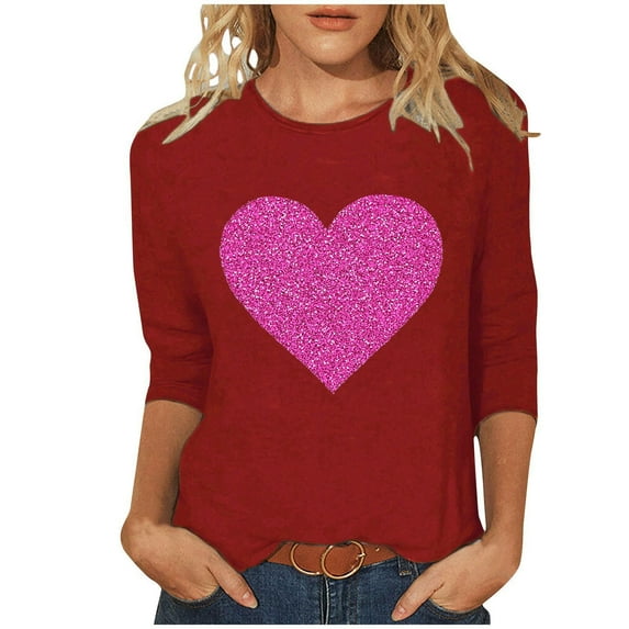 Valentine Day Shirt Women 3/4 Sleeve Shirt Women V Neck Tops Dressy Casual Women Shirts Dressy Casual