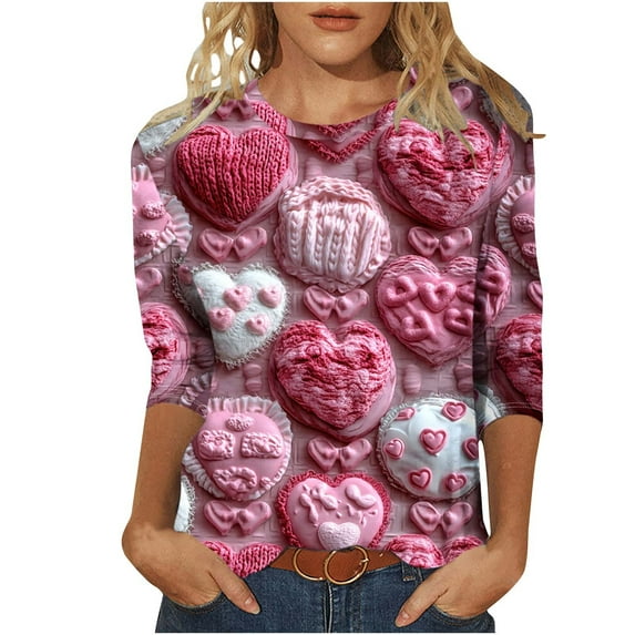 Valentine Day Shirts Women's 3/4 Sleeve Dress Shirts Womens V Neck T Shirts Plus Size T Shirts for Women Under 5 Dollars Free Shipping