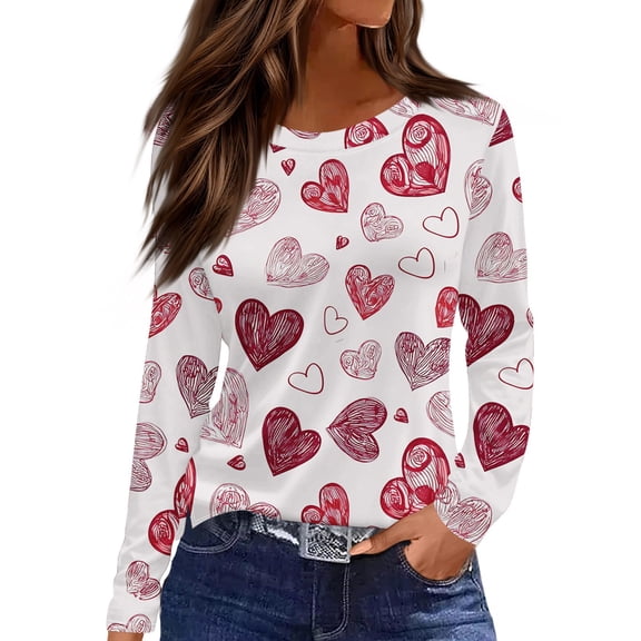 Valentine Day Shirts Womens Crew Neck Long Sleeve Cute Graphic Tee Love Heart Print Plus Size Casual Blouse Hot Pink S