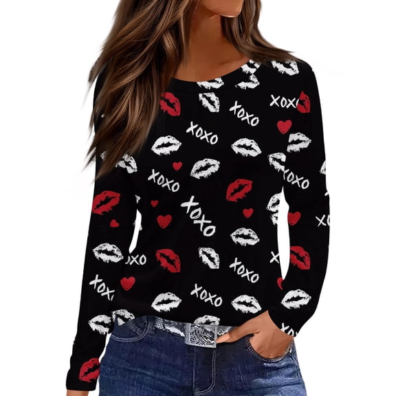 Valentine Day Shirts Womens Crew Neck Long Sleeve Cute T Shirts Love Heart Print Plus Size Loose Graphic Tee Black M