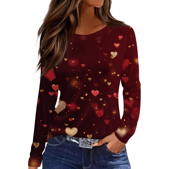 Valentine Day Shirts Womens Crew Neck Long Sleeve Cute Tops Love Heart Print Plus Size Summer Graphic Tee Wine S