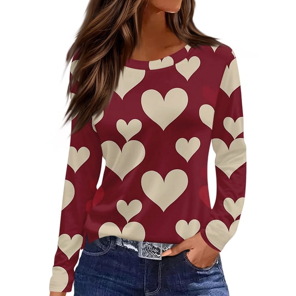 Valentine Day Shirts Womens Crew Neck Long Sleeve Loose T Shirts Love Heart Print Plus Size Cute Tops Wine S