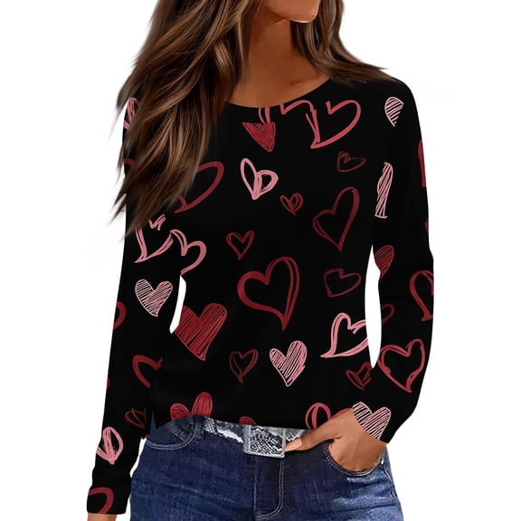 Valentine Day Shirts Womens Crew Neck Long Sleeve Loose Tunic Tops Love Heart Print Cute Summer Graphic Tee Black M