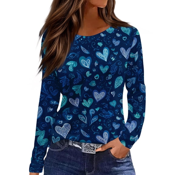 Valentine Day Shirts Womens Crew Neck Long Sleeve Spring Graphic Tee Love Heart Print Casual Loose Tunic Tops Blue L