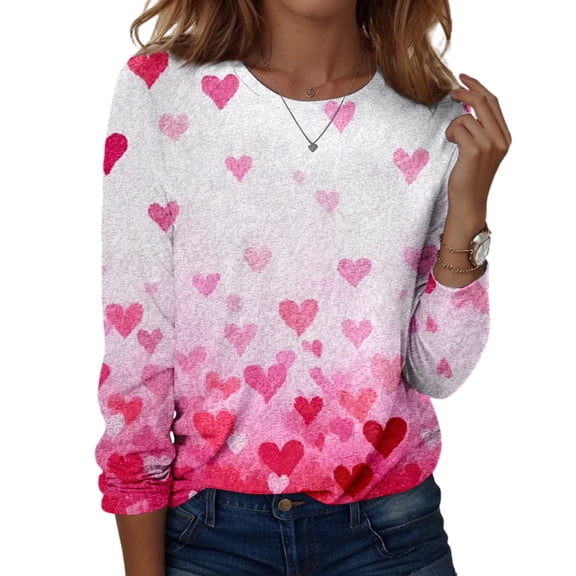 Valentine Day Shirts Womens Crew Neck Love Heart Print Fashion Tunic Tops Long Sleeve Casual Loose Graphic Tee Hot Pink M
