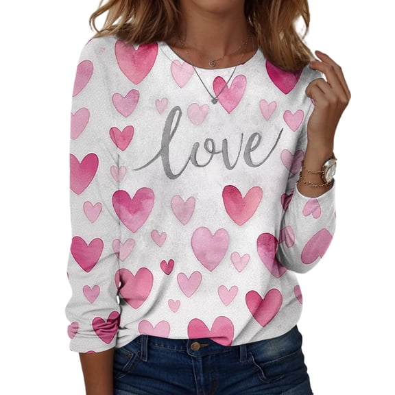 Valentine Day Shirts Womens Crew Neck Love Heart Print Loose Tops Long Sleeve Cute Plus Size Graphic Tee Hot Pink M