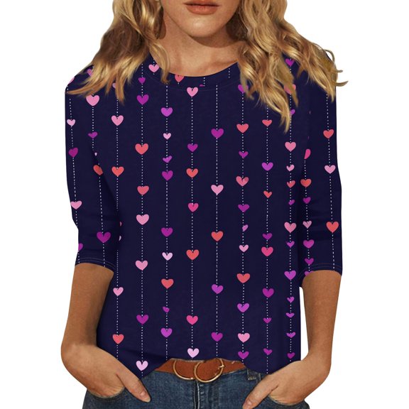Valentine Day Shirts Womens Love Heart Print 3/4 Sleeve Tops Crew Neck Summer Graphic Tee Loose Cute Tunic Tops Dark Purple 3XL