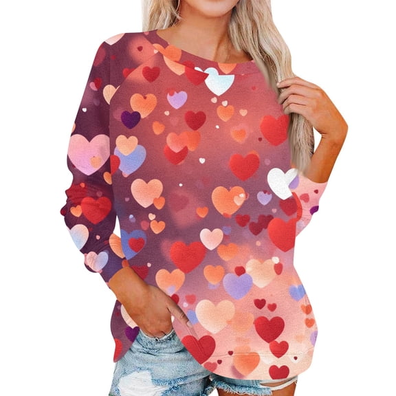 Valentine Day Shirts Womens Love Heart Print Long Sleeve Casual Graphic Tee Crew Neck Plus Size Funny Tunic Tops Wine L