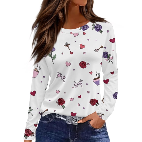 Valentine Day Shirts Womens Love Heart Print Long Sleeve Cute Graphic Tee Crew Neck Casual Loose Blouse White 2XL