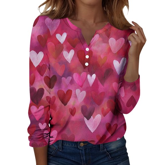 Valentine Day Shirts Womens Love Heart Print Long Sleeve Fashion Graphic Tee V Neck Plus Size Loose Blouse Light pink M
