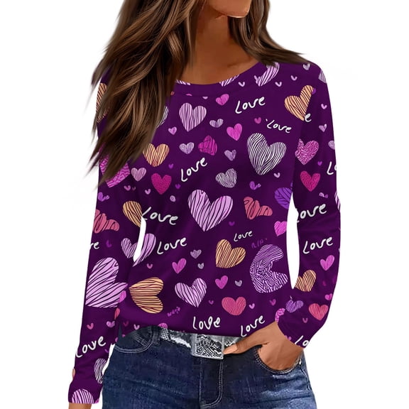 Valentine Day Shirts Womens Love Heart Print Long Sleeve Loose Graphic Tee Crew Neck Summer Plus Size Tunic Tops Purple M