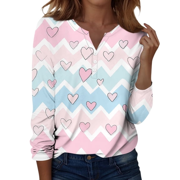 Valentine Day Shirts Womens Love Heart Print Long Sleeve Plus Size Tunic Tops V Neck Funny Fashion Graphic Tee Red S