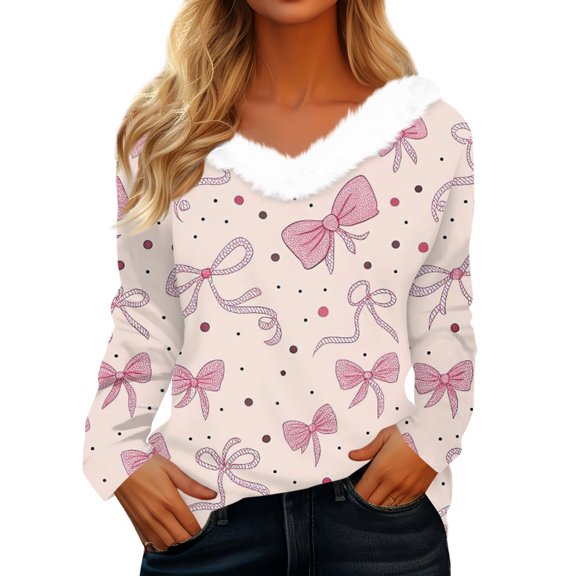 Valentine Day Shirts Womens Love Heart Print Long Sleeve Spring Blouse V Neck Loose Plus Size T Shirts Pink S
