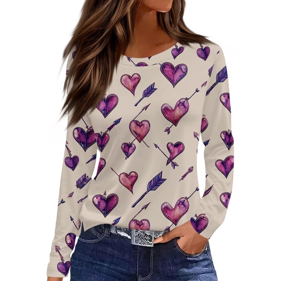 Valentine Day Shirts Womens Love Heart Print Long Sleeve Summer T Shirts Crew Neck Plus Size Cute Tunic Tops Khaki M