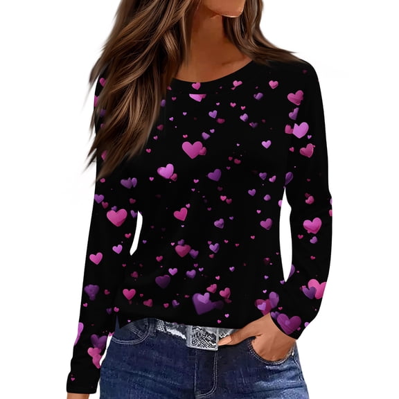 Valentine Day Shirts for Women Crew Neck Long Sleeve Cute T Shirts Love Heart Print Summer Loose Tunic Tops Black XL