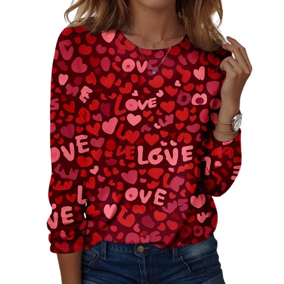 Valentine Day Shirts for Women Crew Neck Love Heart Print Cute T Shirts Long Sleeve Loose Funny Graphic Tee Vermilion S