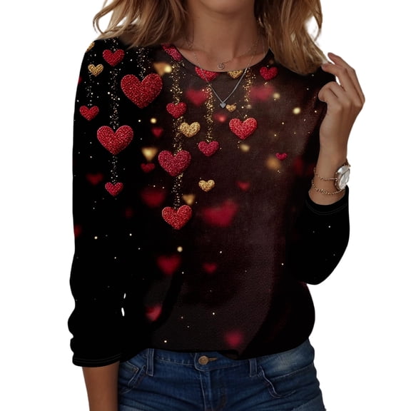 Valentine Day Shirts for Women Crew Neck Love Heart Print Funny Graphic Tee Long Sleeve Casual Loose Tunic Tops Hot Pink 2XL