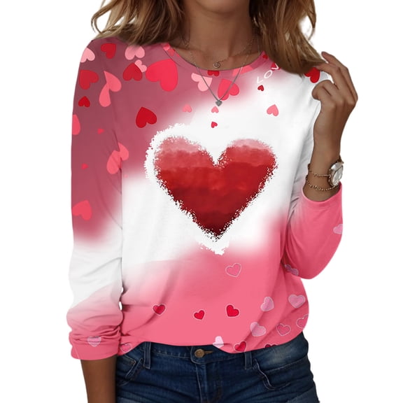 Valentine Day Shirts for Women Crew Neck Love Heart Print Plus Size Tops Long Sleeve Loose Casual T Shirts Multicolor L