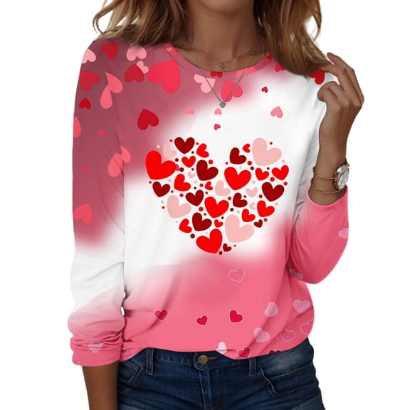 Valentine Day Shirts for Women Long Sleeve Love Heart Print Casual T Shirts Crew Neck Plus Size Cute Tops Red L