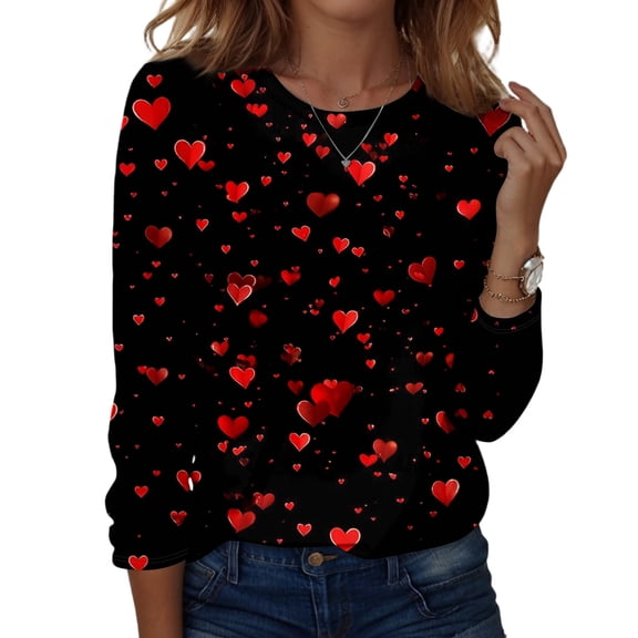 Valentine Day Shirts for Women Long Sleeve Love Heart Print Fashion Graphic Tee Crew Neck Funny Plus Size Tunic Tops Watermelon Red 2XL