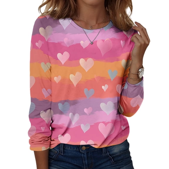 Valentine Day Shirts for Women Long Sleeve Love Heart Print Fashion T Shirts Crew Neck Funny Cute Tunic Tops Wine L