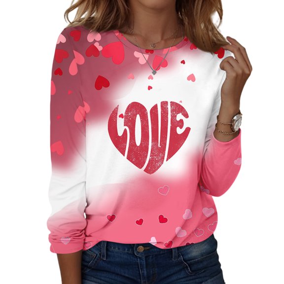 Valentine Day Shirts for Women Long Sleeve Love Heart Print Funny Graphic Tee Crew Neck Casual Fashion T Shirts Pink S