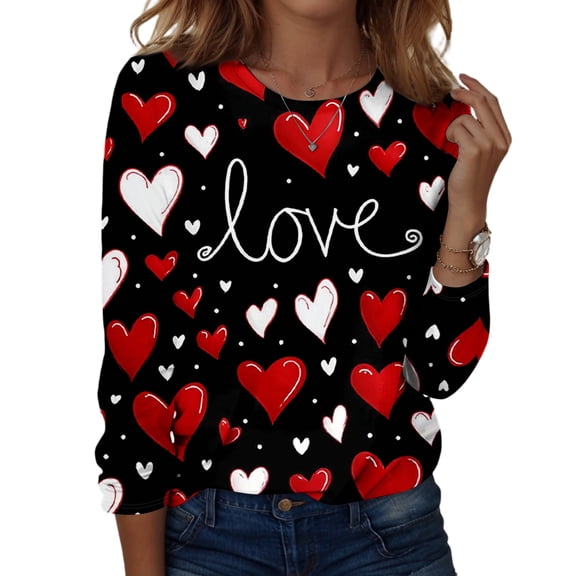 Valentine Day Shirts for Women Long Sleeve Love Heart Print Loose T Shirts Crew Neck Funny Casual Graphic Tee Deep Red 2XL