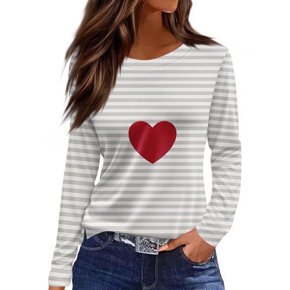Valentine Day Shirts for Women Love Heart Print Crew Neck Cute Blouse Long Sleeve Fashion Casual T Shirts Light Blue S