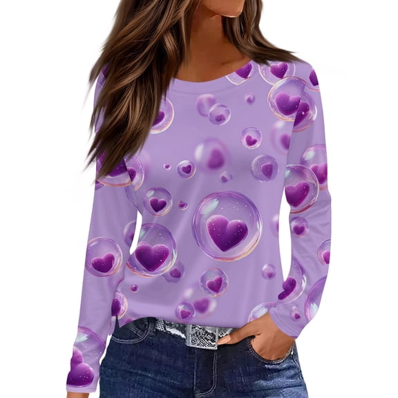 Valentine Day Shirts for Women Love Heart Print Long Sleeve Casual T Shirts Crew Neck Summer Loose Tunic Tops Purple S