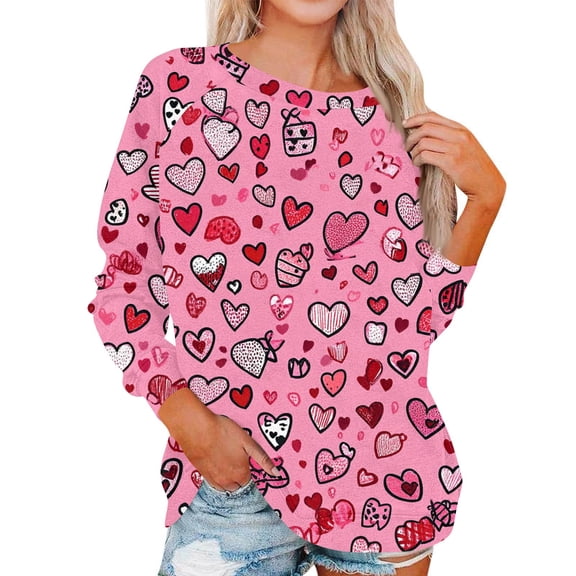 Valentine Day Shirts for Women Love Heart Print Long Sleeve Cute Tops Crew Neck Funny Plus Size Tunic Tops Hot Pink M