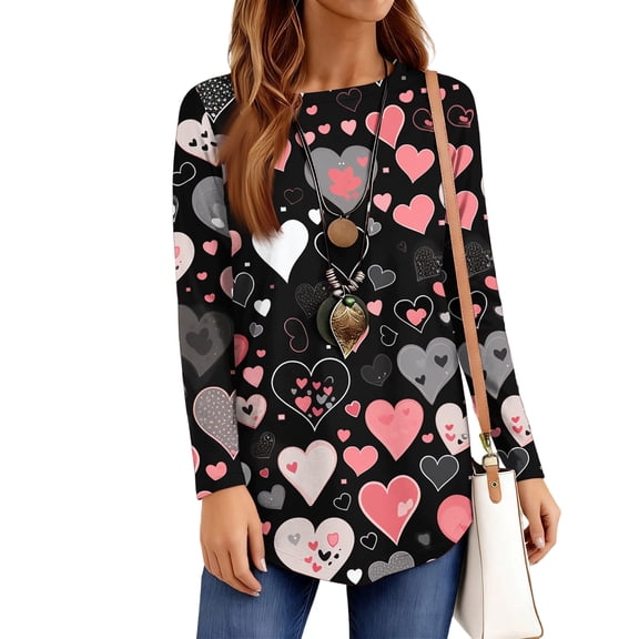 Valentine Day Shirts for Women Love Heart Print Long Sleeve Fashion Graphic Tee Crew Neck Cute Funny T Shirts Dark Gray S