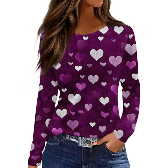 Valentine Day Shirts for Women Love Heart Print Long Sleeve Loose Graphic Tee Crew Neck Summer Cute T Shirts Dark Purple L
