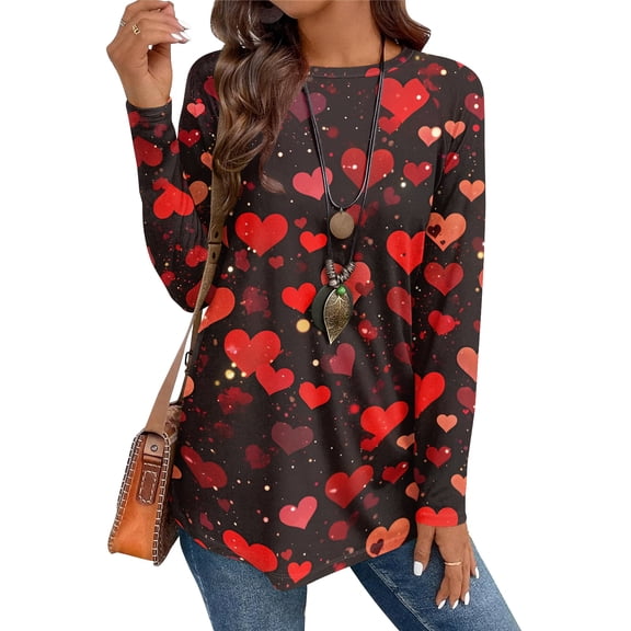 Valentine Day Shirts for Women Love Heart Print Long Sleeve Loose Tunic Tops Crew Neck Funny Casual Graphic Tee Black 3XL