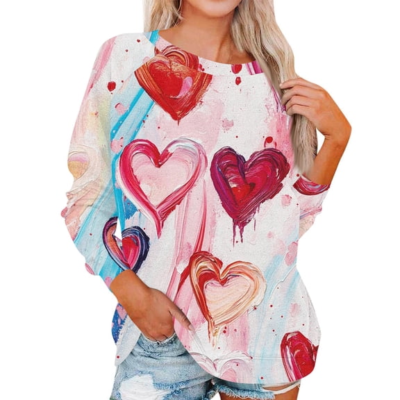 Valentine Day Shirts for Women Love Heart Print Long Sleeve Plus Size T Shirts Crew Neck Funny Casual Tunic Tops Pink M