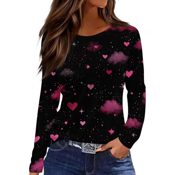Valentine Day Shirts for Women Love Heart Print Long Sleeve Summer T Shirts Crew Neck Loose Cute Tops Hot Pink 2XL