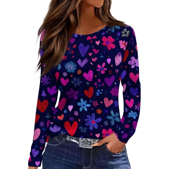 Valentine Day Shirts for Women Love Heart Print Long Sleeve Summer Tops Crew Neck Cute Spring Tunic Tops Dark Purple S
