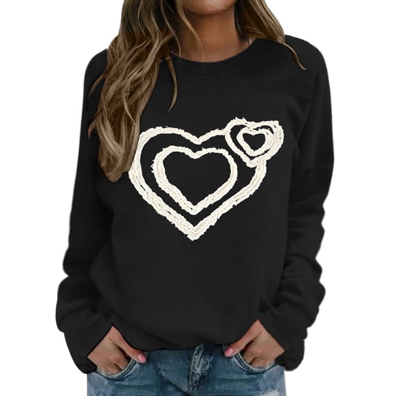 Valentine Day Sweatshirt for Women Love Heart Printed Pullover Sweatshirt Cute Long Sleeve Crew Neck Casual Tops Black L