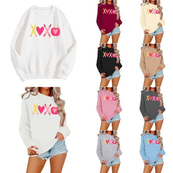 Valentine Day Sweatshirt for Women Love Heart Printed Pullover Sweatshirt Cute Long Sleeve Crew Neck Casual Tops White L