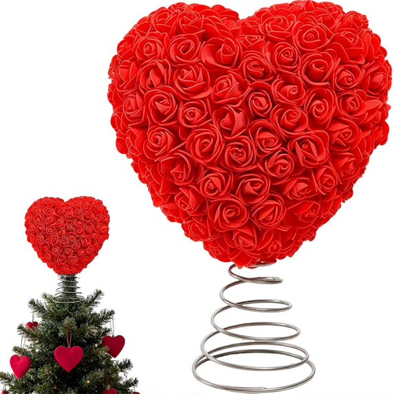Valentine Day Tree Topper,Heart Tree Topper Artificial Rose Flower,Valentines Trees Ornaments Decoration,Love Treetop Ornament Glitter Spiral Base for Valentines Galentines Day Wedding Home Decor