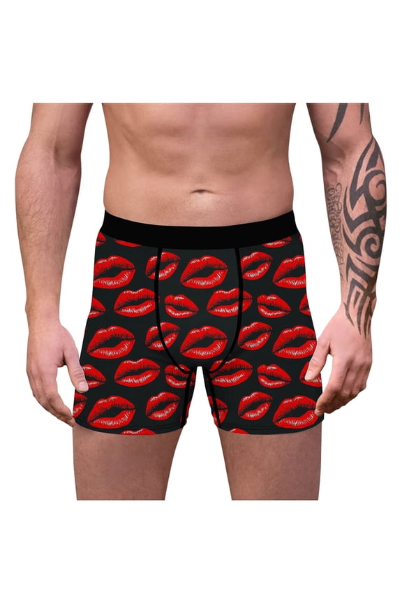 Valentine Day Underwear Men's Kiss Mark Boxer Briefs Valentine Gift Underwear with Print Comfortable for Romantic Occasions My Items