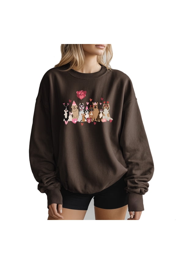 Valentine Day With Dogs Animal Lover Sweatshirt Women Cute Fur Mom Gifts Casual Long Sleeve Graphic Shirts Top