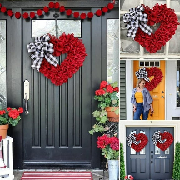 Valentine Day Wreath Burlap Heart Shaped Door Wreath with Buffalo Plaid Bows Floral Rose Handmade Artificial Garland Door Wreath Red Berry Hanging Sign Lover Gift for Party Supplies (1PCS)
