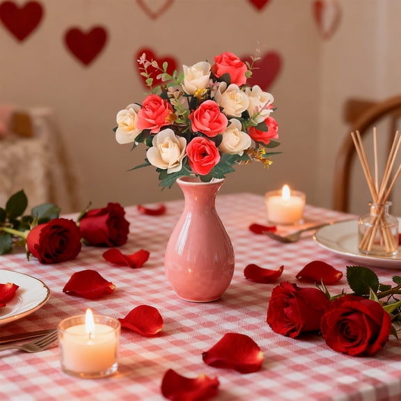 Valentine Decor Artificial Flower Blossoms Decor Sweet Color Roses Green Leaves Bouquet Romantic Valentine Day Vase Cutting Table Setting Valentine's Day Gift