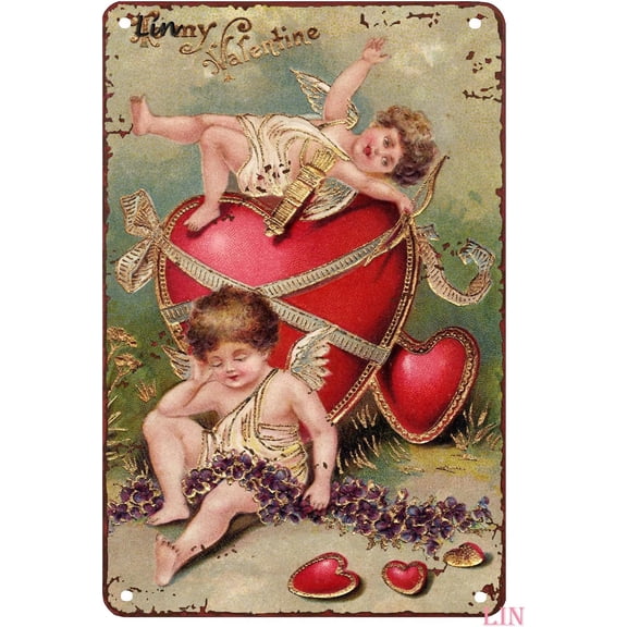Valentine Decor Cherubs and Hearts Pink Metal Sign Vintage Rustic Aluminum Wall Art Poster 8x12 Inch for Home Garage Bar
