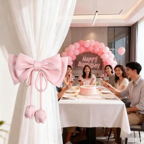 Valentine Decor Large Pink Bow with Streamers Fabric Decor Sweet Color Curtain Clip Wall Hanging Romantic Window Valentine's Day Decor